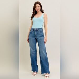 Judy Blue HR Tummy Control Medium Wash Chew Hem Wide Leg Jeans Various NEW